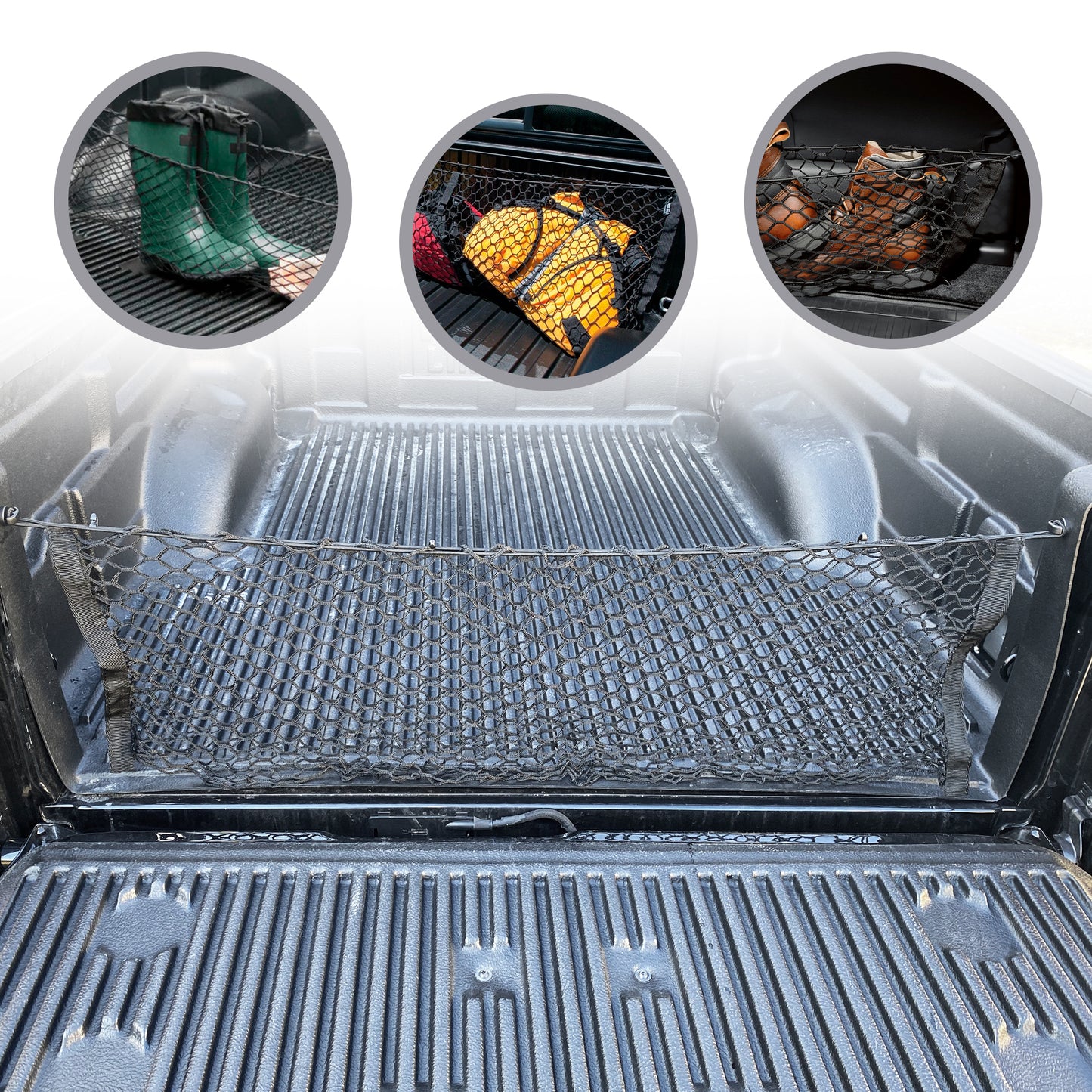 Envelope Style Trunk Cargo Net for Jeep Gladiator Sport with Spray on Bed Liner 2020-2023