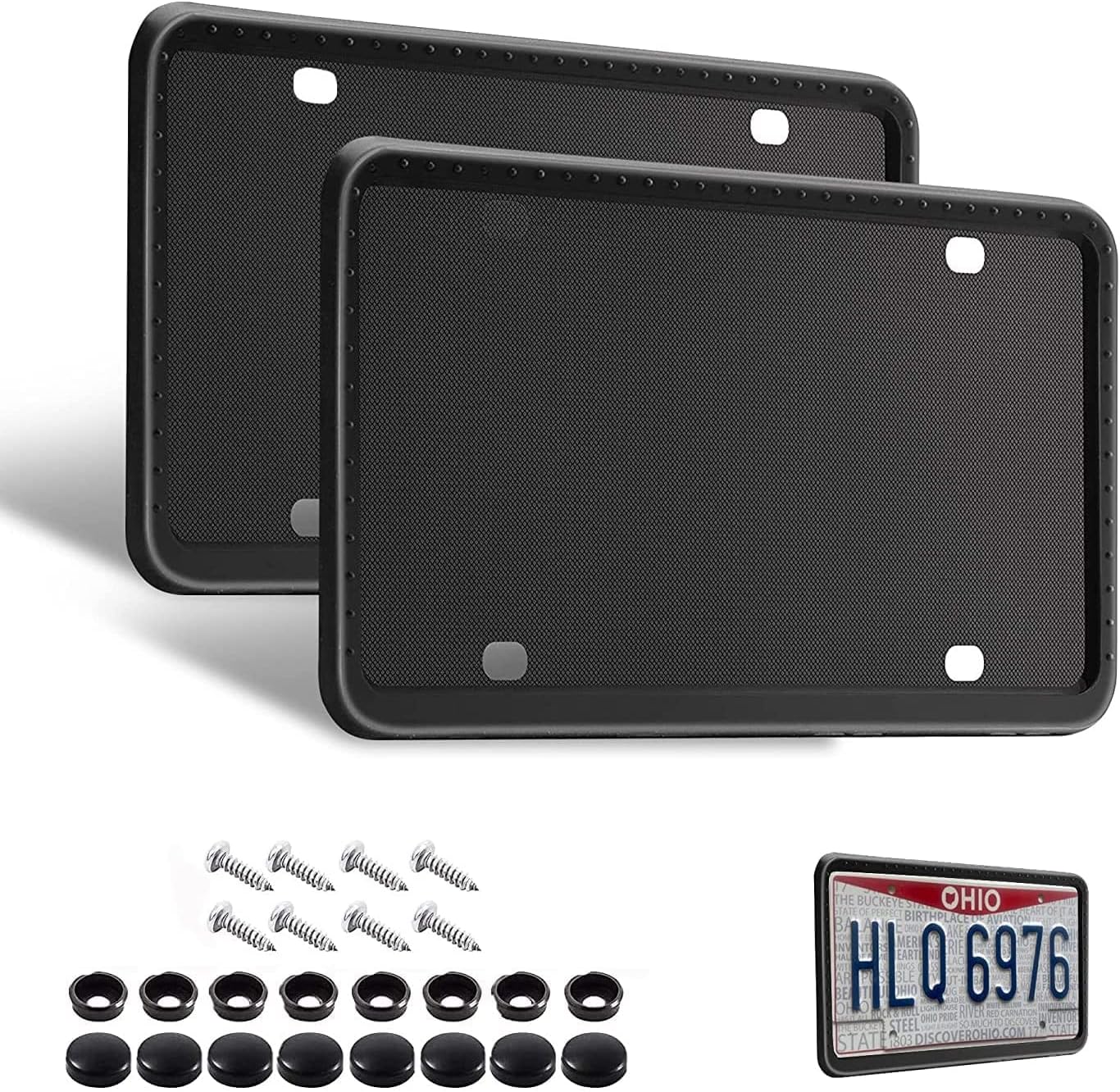 Silicone License Plate Frames - Black Front & Back License Plates Cover Bracket - Easy to Install Set of 2 License Plate Brackets with Screw Caps - Car & Truck Accessories for Teens, Men & Women