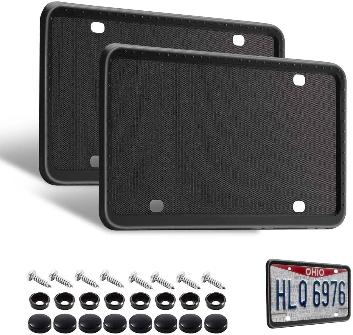 Silicone License Plate Frames 2 PCS, Front & Back License Plates Cover Bracket, Easy to Install Set of Black Brackets w Screw Caps, Car & Truck Automotive Exterior Accessories for Men & Women